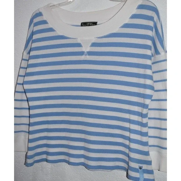 Lauren Ralph Lauren XL Nautical Stripe Top Drop Shoulder Lt Blue White Coastal - Picture 13 of 16